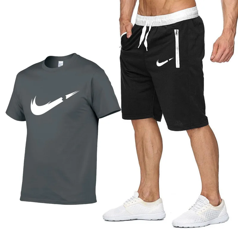 

2019 New Brand Clothing Two Pieces Sets Men T-shirt Swag T-Shirt Cotton Print T shirt Homme Fitness Camisetas Hip Hop Tees+Short