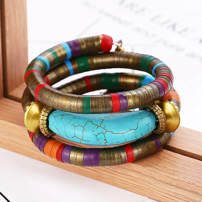 HOCOLE Natural Stone Colorful Snake Bangle Bracelets For Women Vintage Multilayer Metal Bracelet Jewelry Indian bangle bracelet stone bracelet snake bangle bracelet