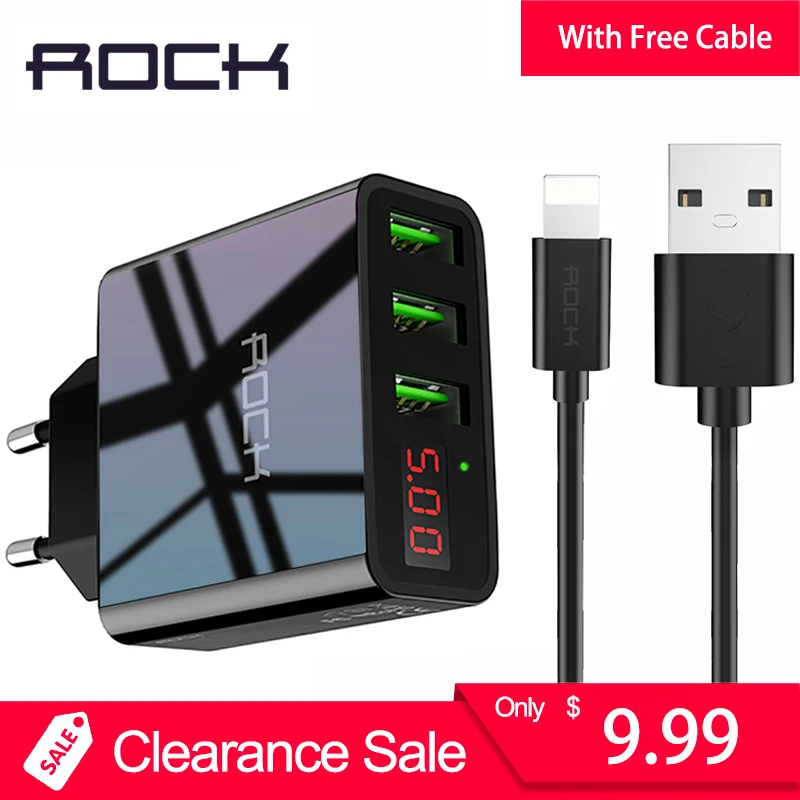 

ROCK 3 usb port LED Display USB Charger EU Portable Travel Charging for Vivo Wall Desktop Dash Triple Plug with free gift cable