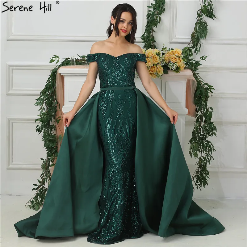 

Green Off Shoulder Luxury Sparkle Evening Dresses Boat Neck Sexy With Train Evening Gowns 2019 Serene Hill LA6659