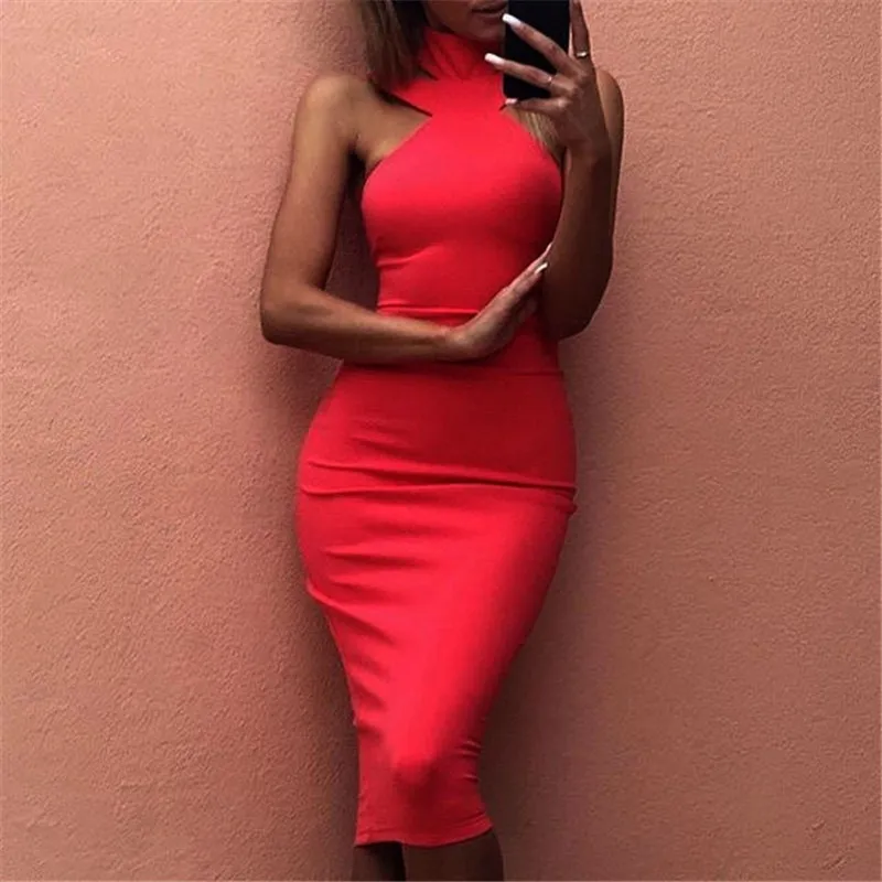 

Summer New Sleeveless strap women turtleneck dress Vintage fashion sexy attractive elegant midi bandage Dresses black white red