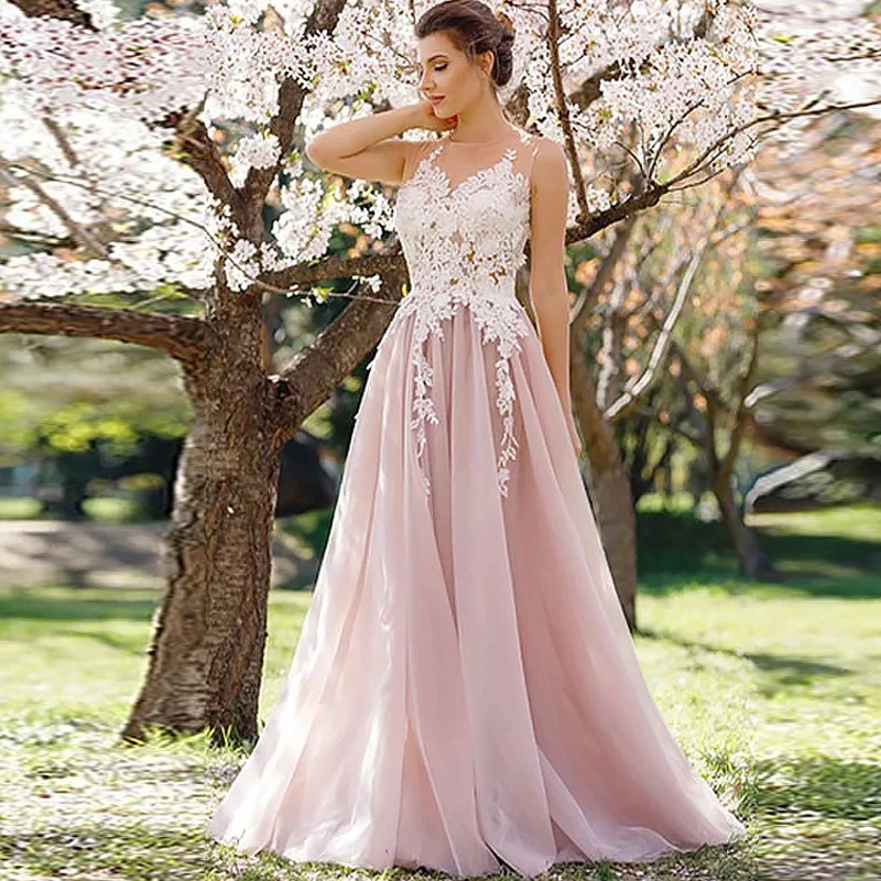 

Verngo Appliques Tulle Evening Dress Lady V-neck Formal Dress Pink Custom Size Party Gown Abendkleider 2019
