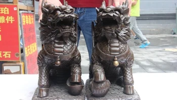 

15 Copper Bronze Wealth Dragon fly Kylin Chi-lin Qilin Foo Dog Lion Statue Pair