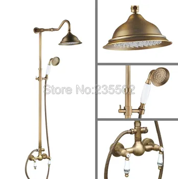 

Antique Brass Bathroom Rain Shower Faucet 8.2" inch Shower Head + Hand Spray Mixer Tap lan506