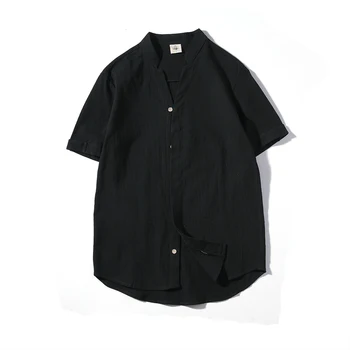 

2019 new men's linen shirt short sleeve high quality cotton linen shirt white summer dress loose collar Pure color Top 9040