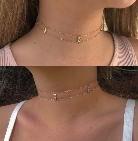

fashion double chain choker european elegant OL lady gift three baguette cubic zirconia fashion choker necklace