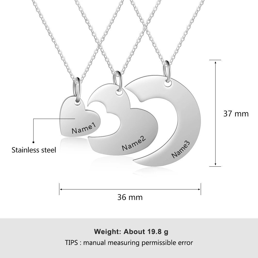 Персонализированное ожерелье в форме сердца из нержавеющей стали на заказ, 3 имени, Ожерелье Дружбы Bff для женщин и девочек(JewelOra NE103183