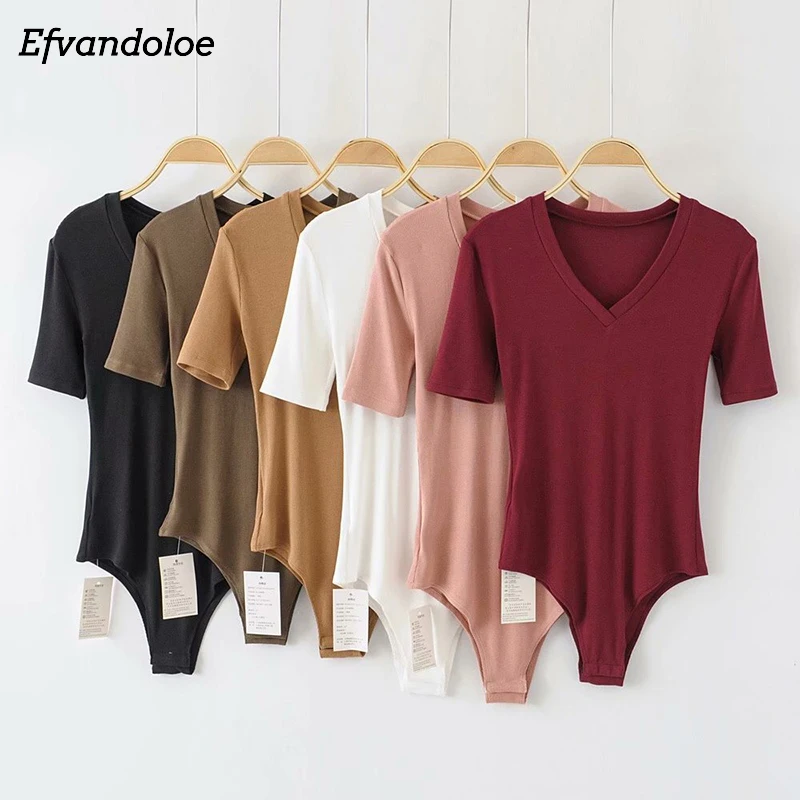  Efvandoloe Women Bodysuit V Neck Jumpsuit body femme romper Sexy bodies ladies Short Sleeve Knitted