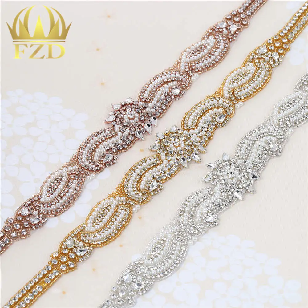 

(1 pieces) Hot fixing Sewing on Rose Gold Crystal Rhinestone Beaded Applique Wedding Dresses Bridal Sash Decorative Trim