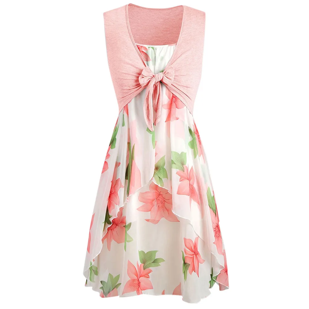 

2Pcs A Set Women Casual Summer Mini Dress Sleeveless Slash Neck Cute Flower Print Sundress Plus Size Vestidos Beach Holiday Robe