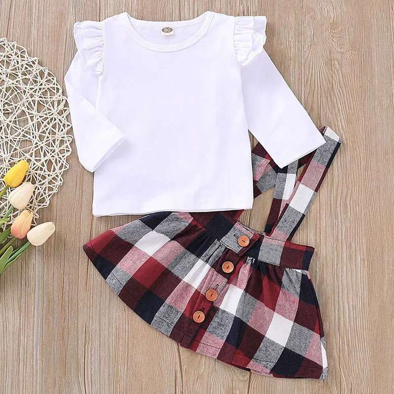

Baby girls clothes Flying Sleeve Tops+Plaid Suspender Skirts Kids Toddler Cotton T-shirts Button Overalls vetement bebe fille