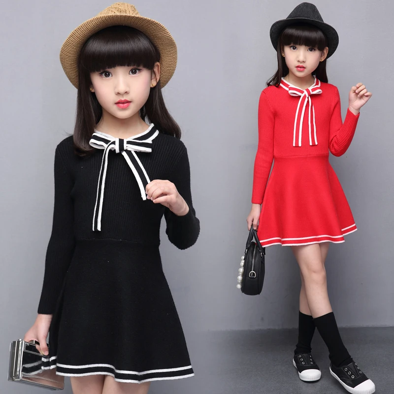 Long sleeve Knitted Dresses for Children Sweater Spring Autumn Girls Sweater Dress V neck Kids