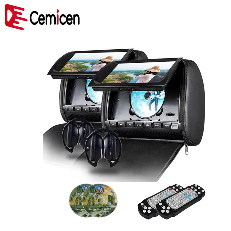 

Cemicen 2PCS 9 Inch Car Headrest Monitor DVD Video Player 800x480 Zipper Cover TFT LCD Screen With IR FM USB SD Speaker Game