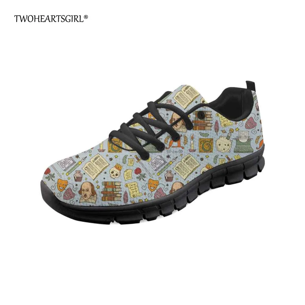 

Twoheartsgirl Stylish Literature Pattern Flats Lace Up Mesh Walking Shoes for Women Light Breathable Ladies Mesh Flats Sneakers