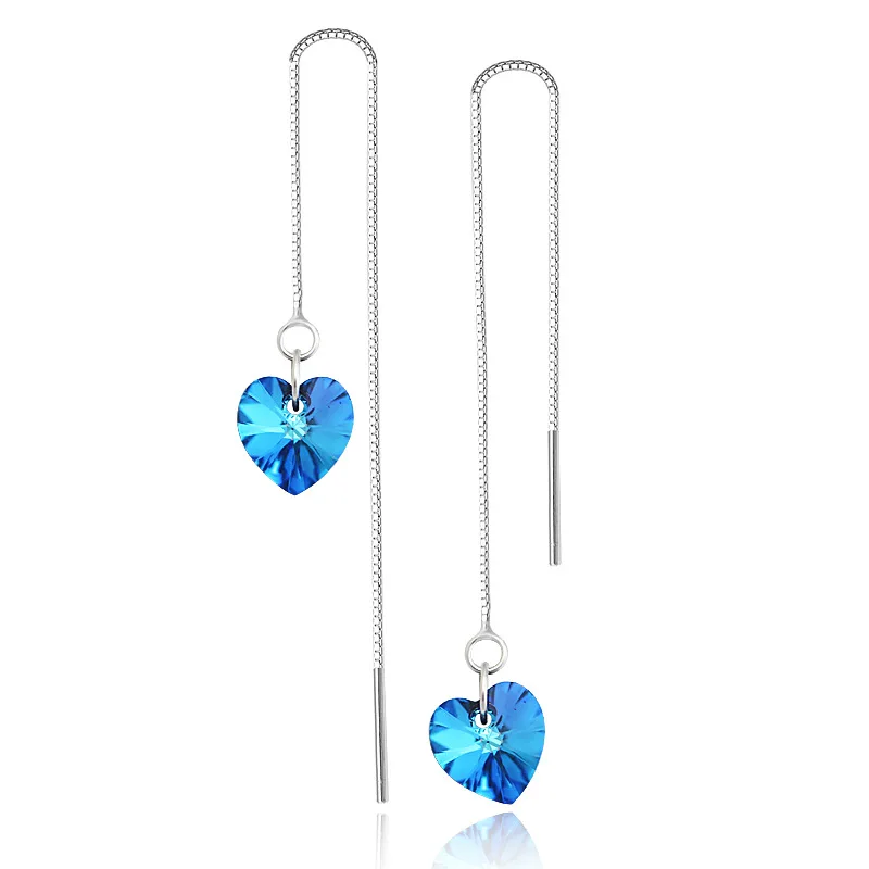 

Genuine 925 sterling silver drop earrings long Line Woman Blue Crystal Ocean Heart Long Earring dangle for women Wholesale