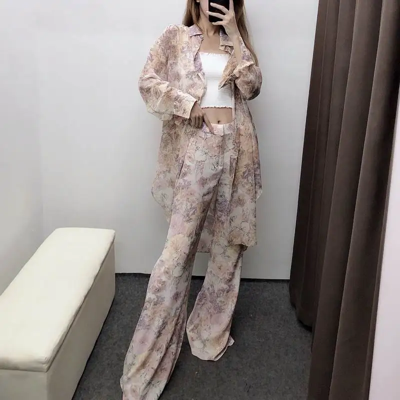 

Women Sets Summer 2019 New Fashion Sunscreen Transparent Floral Prints Chiffon Long Shirts and Flare Pants