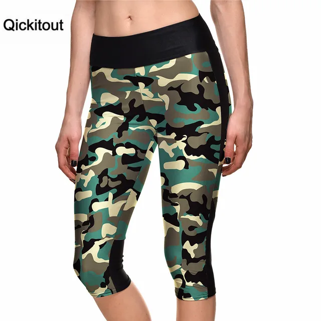 Qickitout Capri Pants 2016 Women's 7 Point Pants Army Green Camouflage Digital Print Women High Waist Side Pocket Phone Pants