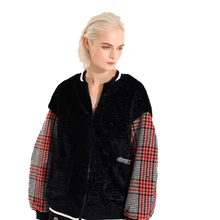 Женская мода базовый шар стиль молния с длинным рукавом плед хромой мех сплайсинга свободные толстые зимние теплые пальто черный абрикосовый FS0672