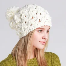 Autumn Winter Fashion Women Pompom Beanies Handmade Knitting Hollow Hat Ear Warm Cap Girl Skullies Beanies
