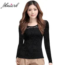 Новинка на осень-зиму soild Цвет для женщин Круглый воротник с кружевом для маленьких девочек, футболка с длинными рукавами брюки облегающего покроя женская Кружевная футболка нижняя рубашка L270