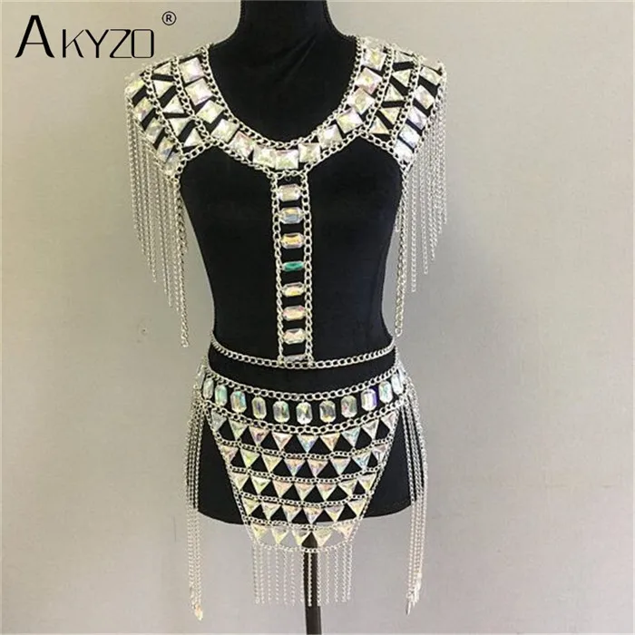 AKYZO Crazy crystal sequin женские комплекты из 2 предметов забавные праздничные наряды ручной работы в стиле пэчворк с металлической кисточкой и цепочкой Женский комплект - Цвет: silver set