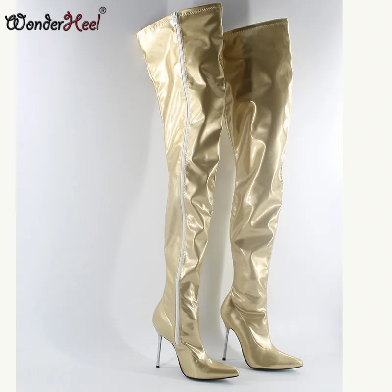 Wonderheel/Сапоги выше колен из искусственной кожи на очень высоком каблуке 12 см, золотистые лакированные сапоги до бедра из ПВХ, сексуальные фетиш сапоги до промежности на высоком каблуке