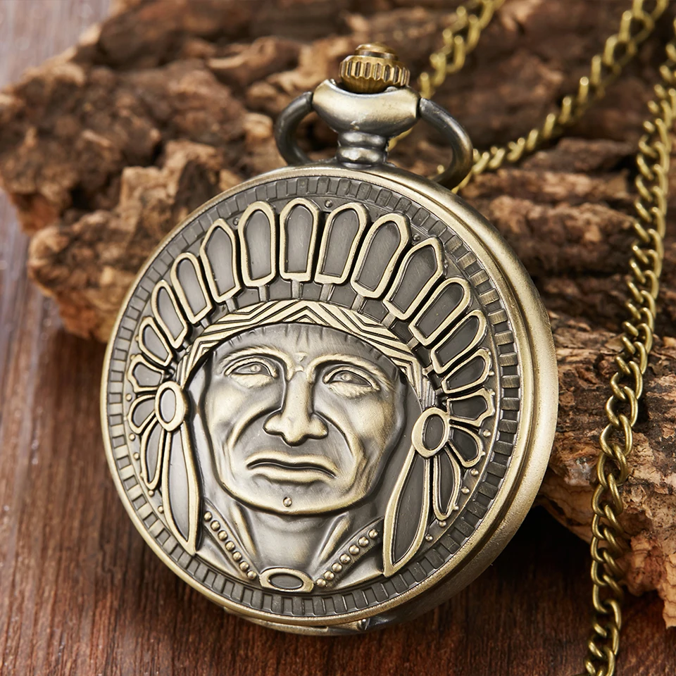 

Bronze Ancient Indian Tribal Leader Carving Quartz Pocket Watch Full Hunter Fob Watches With Pendent Chain Necklace Best Gift