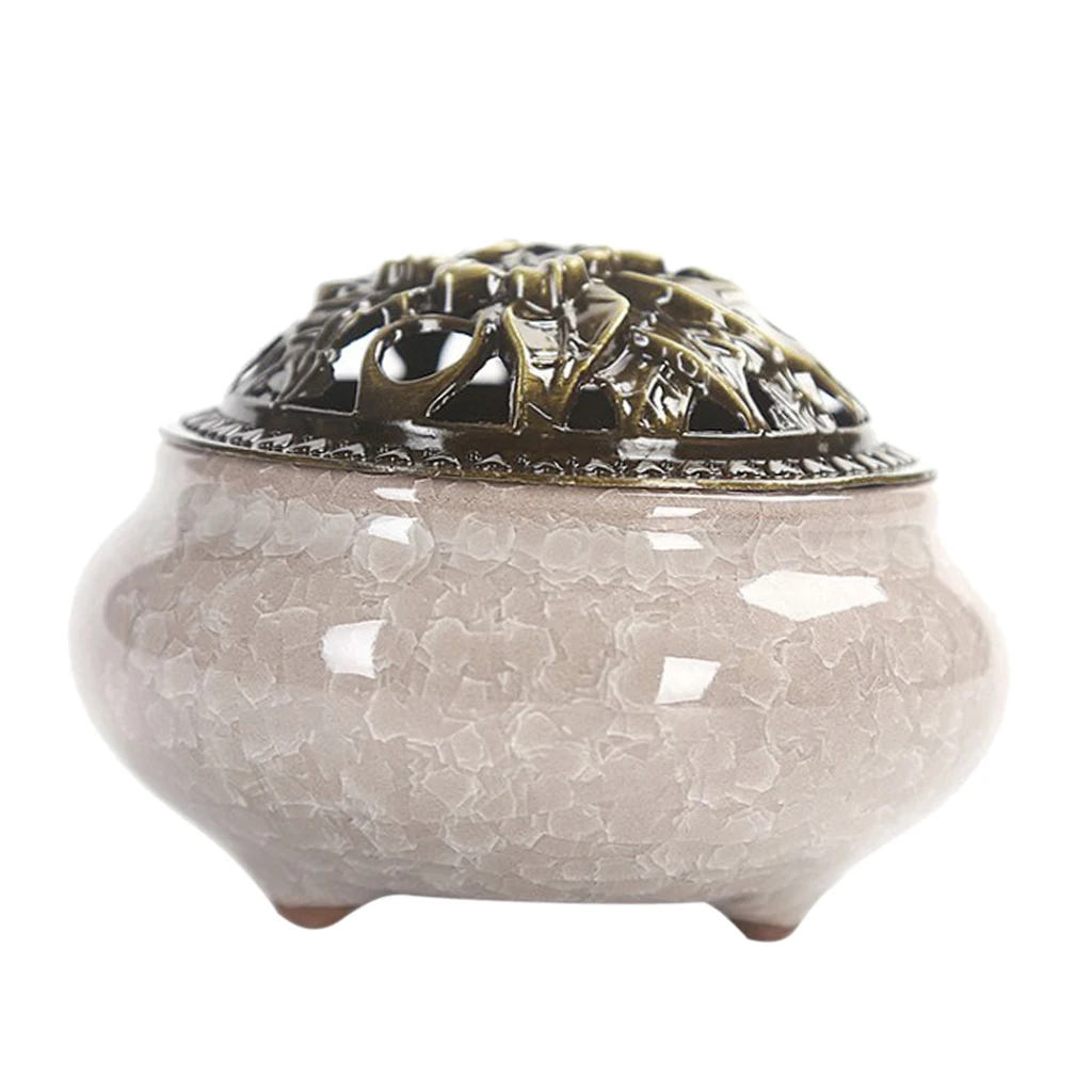 2x Vintage Chinese Ceramic Incense Burner Holder Buddhist Cones Coil Spiral Censer Ash Catcher Bowl with Alloy Cover