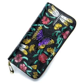 

Embossing rose Flower Women Wallet Genuine Leather Female Purse Long Printing Floral Women Retro Leather Wallet Clutch Party Bag