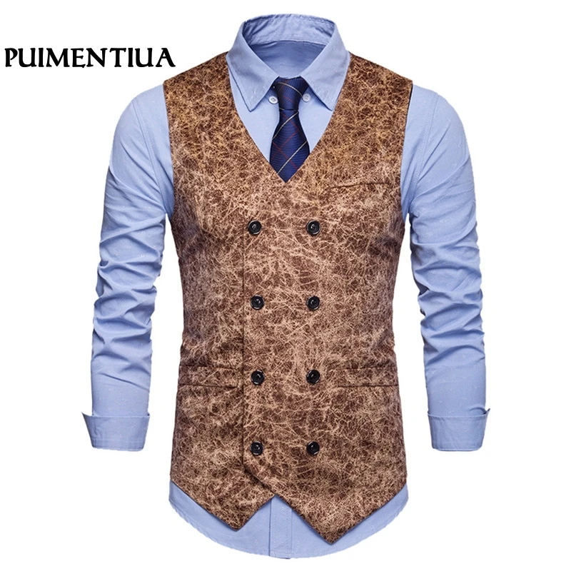 

Puimentiua 2019 Men Tie-upCasual Leopard Night Club Suit Vest Double Breasted Sleeveless Business Vest V-neck Male Retro Vest