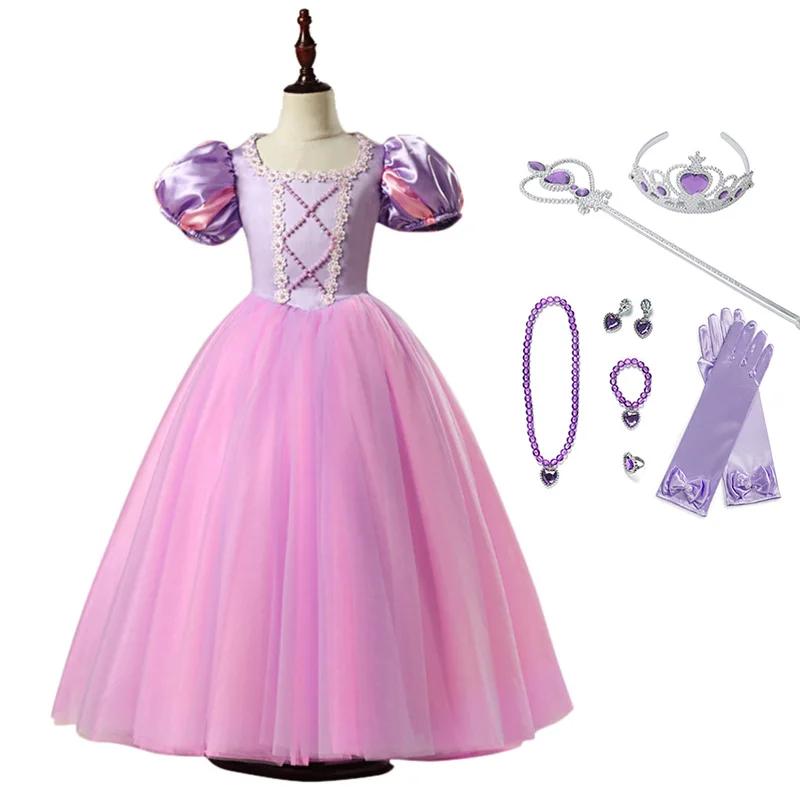 Высокое качество девушки принцесса Платье Рапунцель Косплэй костюм Фонари рукава бальное платье детский костюм для хеллоуина для выпускного вечера, для дня рождения, вечерние платья - Цвет: Long Dress Set2