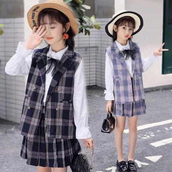 

2018 girls clothing sets vest +skirt plaid teenage kids clothes 12 years old