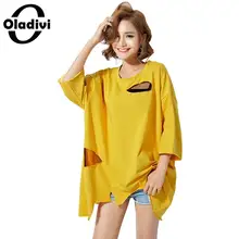 Oladivi Плюс Размер Женская рубашка Новые Женские однотонные топы футболки модные уличные отверстия дизайн желтый Асимметричный Подол футболки туника