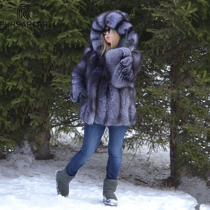 FURSARCAR Новое Женское пальто из натурального меха, зимнее плотное теплое пальто из натурального Лисьего меха, роскошная куртка из меха серебристой лисы с капюшоном, лидер продаж