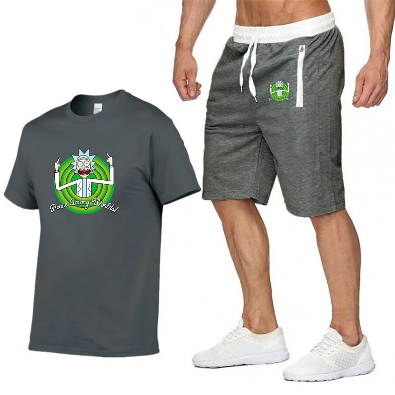 

Summer fashion men cotton T-shirt+sports shorts two-piece, pattern printed youth fitness sweat-absorbent cartoon t shirt+shorts