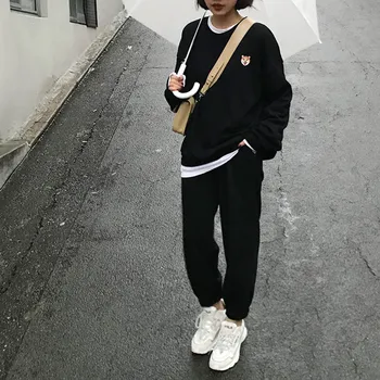 

2018 Autumn Womens 2 Piece Pant Suits Women Casual Preppy style school Suits Sets cat embroidery Elegant Pant Suits (F3575)