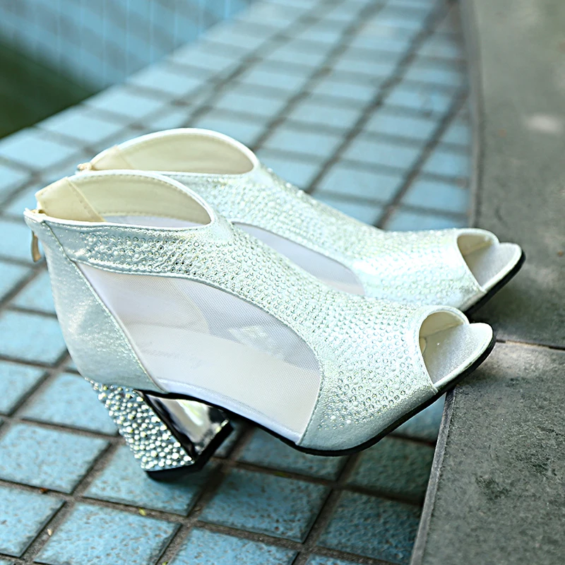 

Peep Toe Gladiator Sandals Women Bling High Heels Diamond Summer Square Heel feminina Shoes Wedding Shoes Mesh Sandalia Mujer