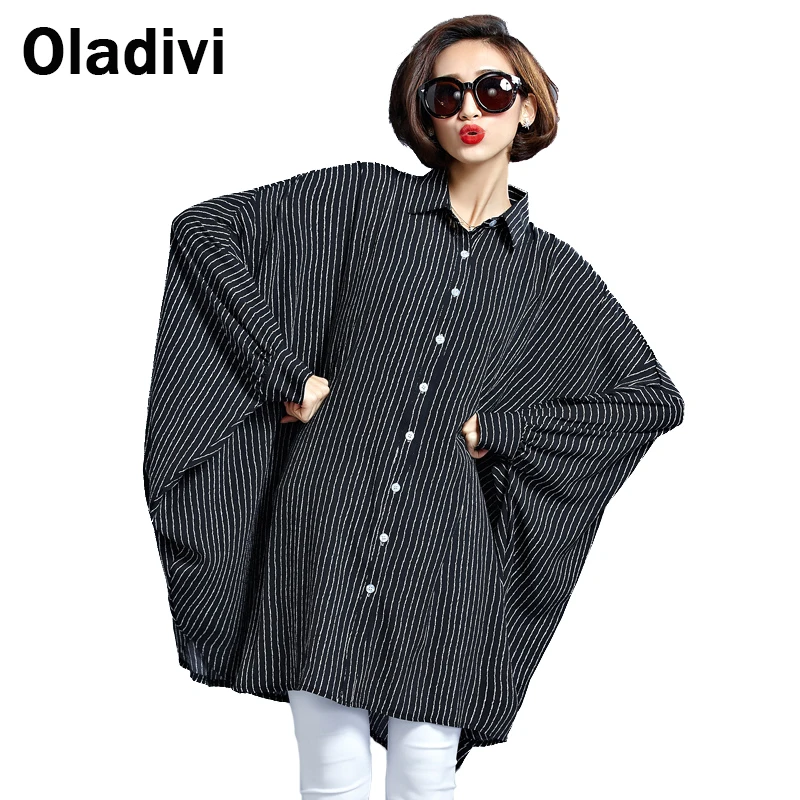  Oladivi Oversized Shirt Women Large Size Top Striped Blouses 2019 Spring New Tees Tunic Plus Size C