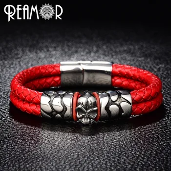 

REAMOR Trendy Male Cuff Bracelets Crack Skull Head Double Leather Rope Bangle With 316l Stainless Steel Magnet Clasp Men Jewelry