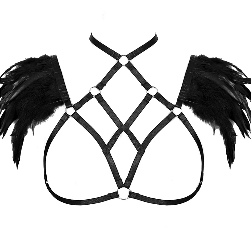Black O0684 Перо Сексуальный полый бюстгальтер на ремнях Epaulette плеча крылья для женщин Мода готический плюс размер танцевальные праздничные костюмы одежда для косплея - Цвет: Black O0684