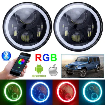

7 inch LED projector Headlights RGB Halo Ring Angel Eyes Round Multicolor DRL Bluetooth Remote Control for Jeep Wrangler JK LJ