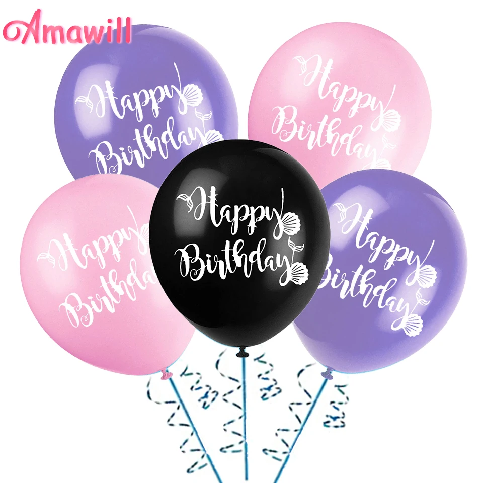 Amawill 12pcs Mermaid Happy Birthday Latex Balloons Black Pink