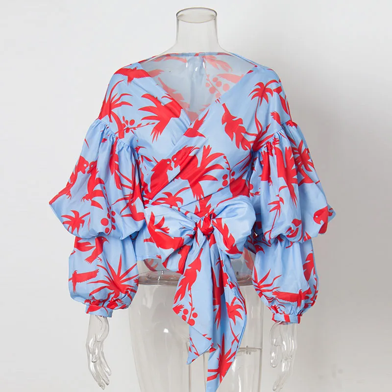 

2018 Fashion Gathered Puff Sleeve Birds Print Boho Wrap Tops Women Summer Elegant Layers Long Sleeve V Neck Bow Chiffon Blouse