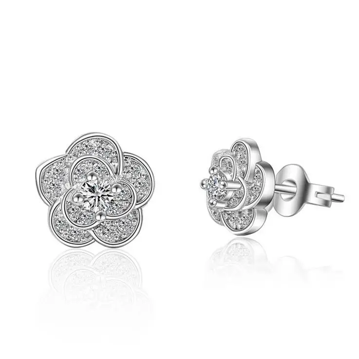

2017 new arrival promotion fashion flower shiny crystal 925 sterling silver ladies`stud earrings jewelry women gift