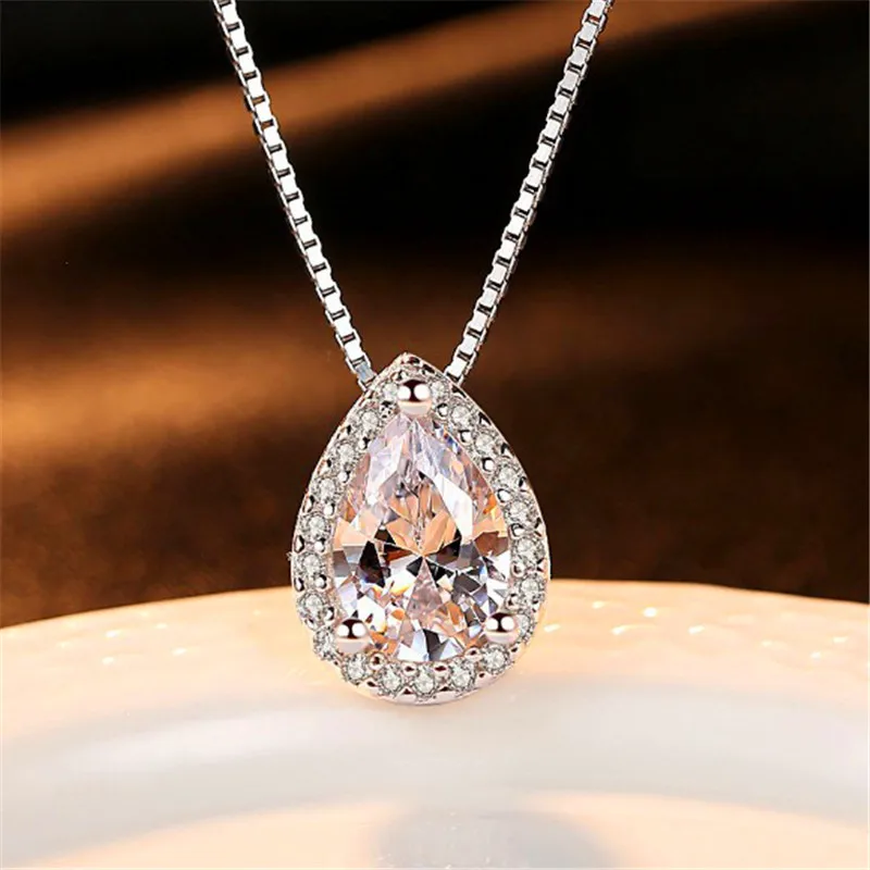 

Pear Cut White Austrian Crystal Pendant Necklaces For Women 925 Sterling Silver Filled Small Teardrop Zircon Wedding Necklace CZ