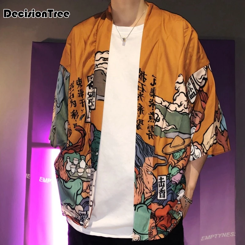 2019 summer japanese style Ghosts Print Harajuku Style Blouse men jackets open stitch kimono hip hop streetwear male outwear