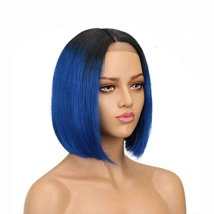 Короткие Синтетические волосы на кружеве человеческих волос парики для чернокожих Для женщин бразильский человеческих волос парик с детскими волосами предварительно вырезанные 13x4 светлые розовый 99J luasy - Цвет: T1B-Blue