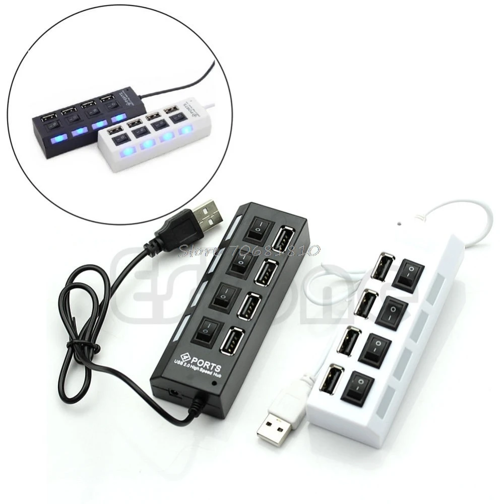 

External Multi Hub Expansion 4 Ports USB 2.0 On/Off Switch LED 480 Mbps Splitter Drop Shipping
