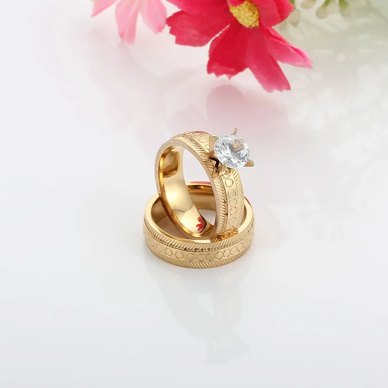 1 Pair Fashion Stainless Steel Wedding Engagement Band Rings Set For Women Gold Color CZ Couple Ring Trendy Jewelry (A1119)