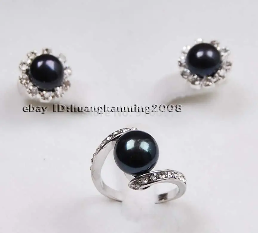 

LHX54012>>>Beautiful 9-9.5mm Black Akoya Cultured Pearl Earring Ring Set